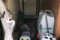 Cluttered trunk of my RV (not ideal)